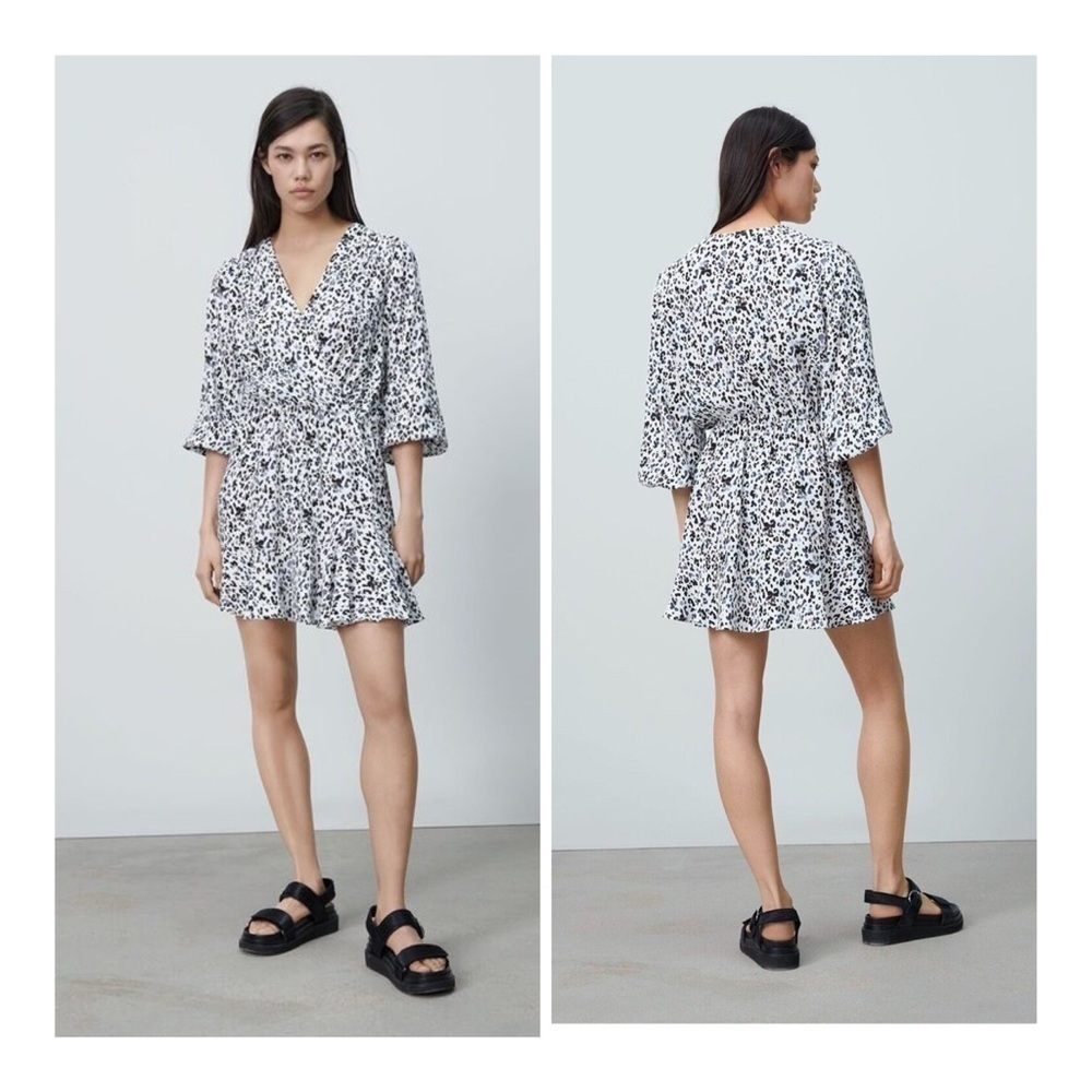ZARA Black White Cheetah Animal Print Overlap V-Neck Balloon Sleeve Mini Dress M